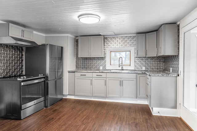 kitchen with gray cabinetry, light stone countertops, sink, dark hardwood / wood-style floors, and stainless steel range oven