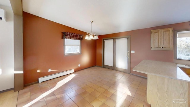 unfurnished dining area with an inviting chandelier, a baseboard heating unit, plenty of natural light, and lofted ceiling