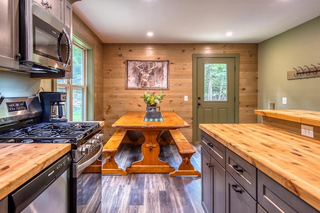 kitchen with a wealth of natural light, stainless steel appliances, wooden walls, and wooden counters