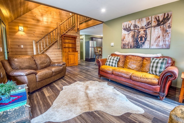 living room with wood ceiling and dark wood-type flooring