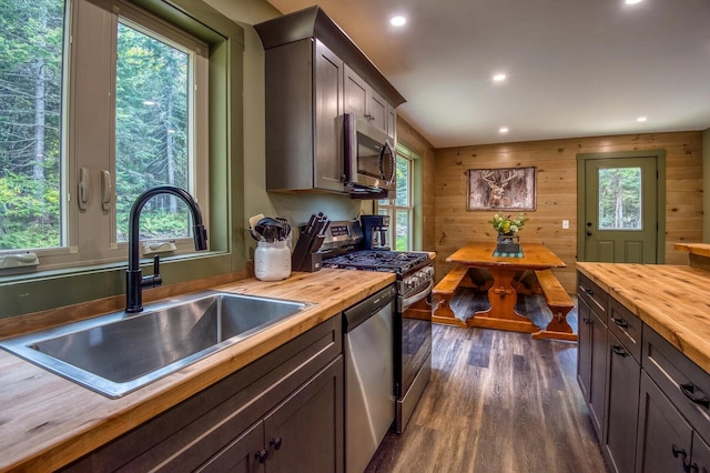 kitchen with wood counters, sink, wooden walls, dark brown cabinets, and stainless steel appliances