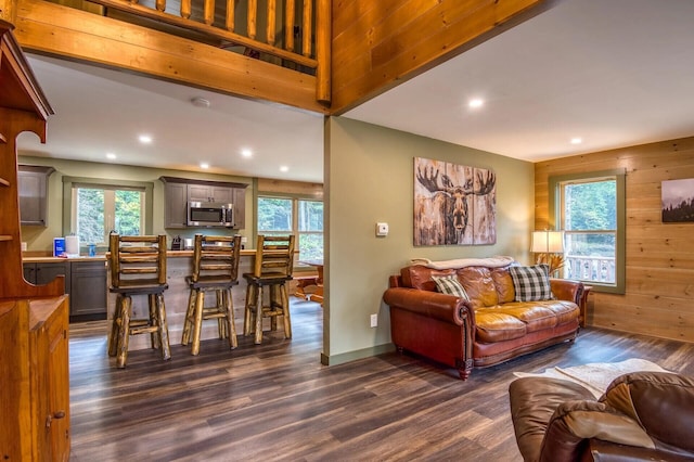 living room with dark hardwood / wood-style floors and wood walls