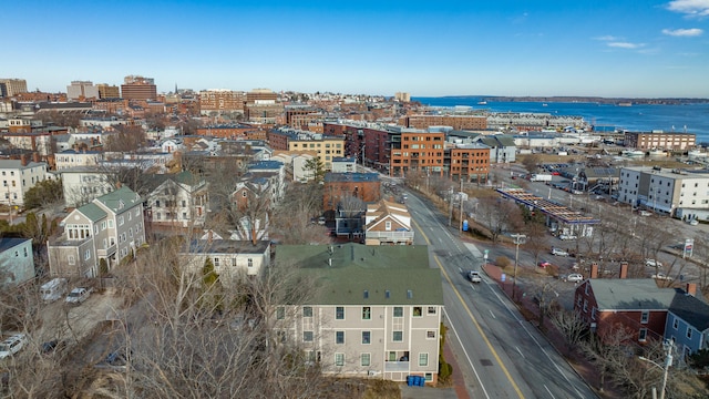 bird's eye view with a water view