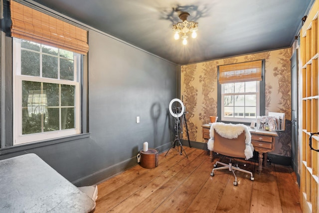 home office with hardwood / wood-style flooring, plenty of natural light, and ornamental molding