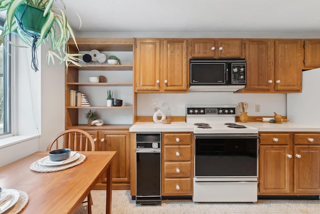 kitchen featuring electric range and fridge