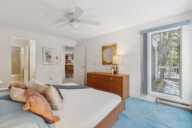 bedroom with connected bathroom, ceiling fan, a baseboard heating unit, access to outside, and light wood-type flooring