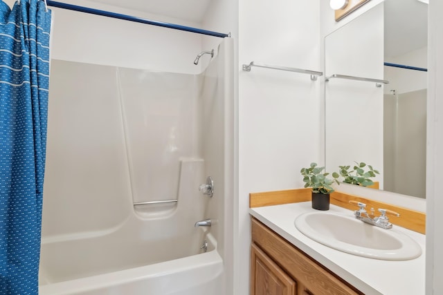 bathroom with vanity and shower / bath combo with shower curtain