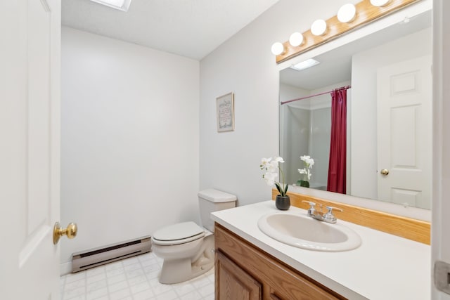 bathroom with vanity, curtained shower, toilet, and a baseboard heating unit