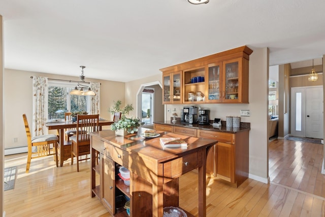 dining space featuring a baseboard heating unit, a wealth of natural light, and light hardwood / wood-style flooring