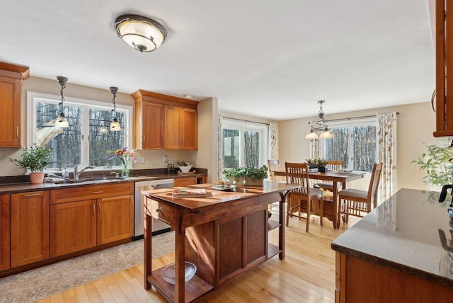 kitchen featuring sink, light wood-type flooring, dishwasher, and hanging light fixtures