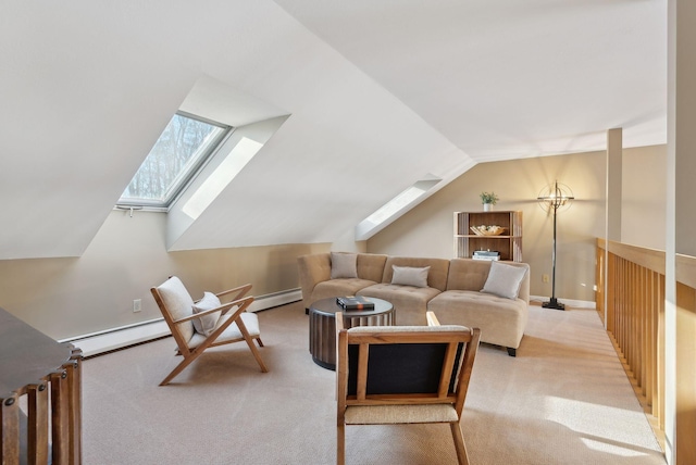 living room featuring baseboard heating, lofted ceiling with skylight, and light carpet