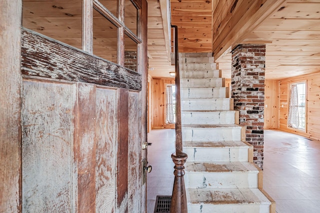 stairway with wooden walls and wood ceiling