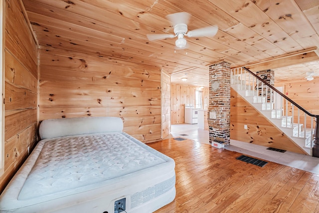 unfurnished bedroom featuring wood-type flooring, wood ceiling, and wooden walls