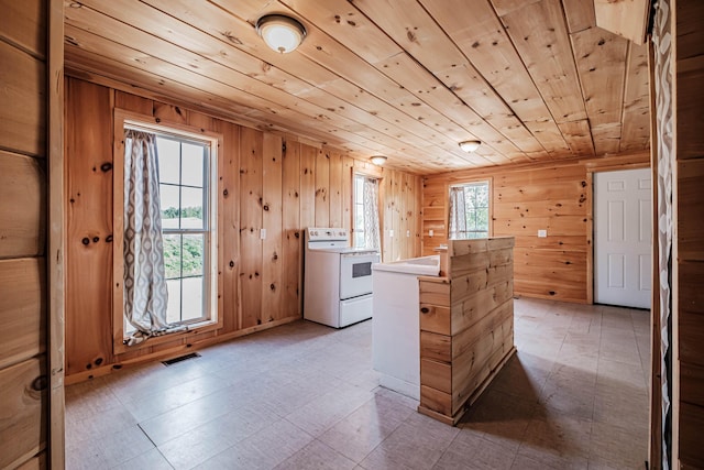 kitchen featuring wood walls, wooden ceiling, and electric stove