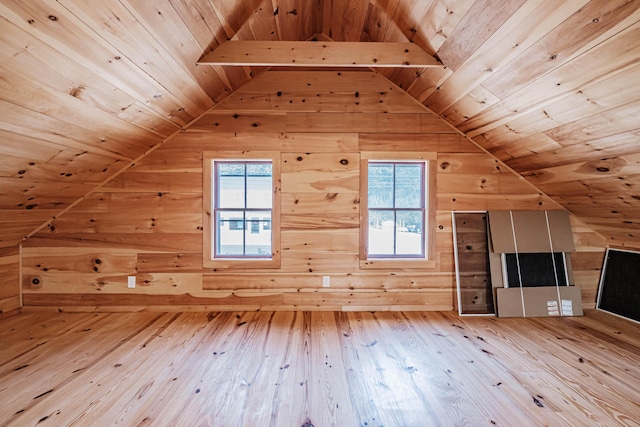 additional living space with light hardwood / wood-style floors, wooden ceiling, and wood walls