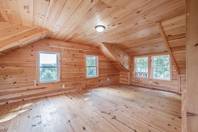 bonus room featuring hardwood / wood-style floors, lofted ceiling, wooden ceiling, and wooden walls