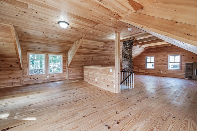 bonus room with wooden walls, light hardwood / wood-style flooring, wooden ceiling, and lofted ceiling