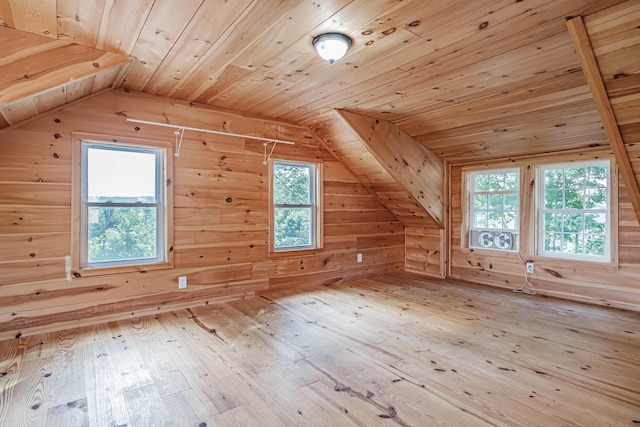 additional living space with wood walls, wood ceiling, lofted ceiling, and light wood-type flooring