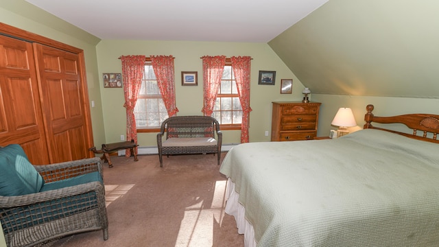 22 Jewett Rd, Raymond, ME 04071 - bedroom featuring a baseboard radiator, carpet flooring, and vaulted ceiling