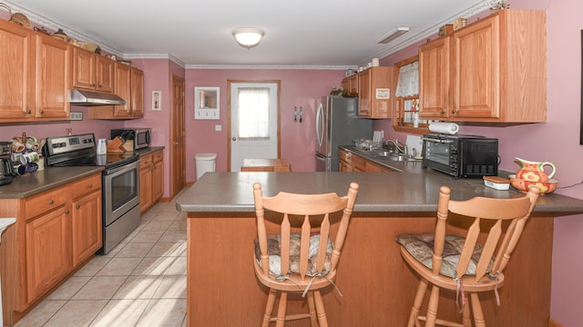 22 Jewett Rd, Raymond, ME 04071 - kitchen featuring a kitchen breakfast bar, a peninsula, under cabinet range hood, appliances with stainless steel finishes, and a sink