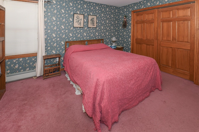 22 Jewett Rd, Raymond, ME 04071 - carpeted bedroom featuring baseboard heating and wallpapered walls