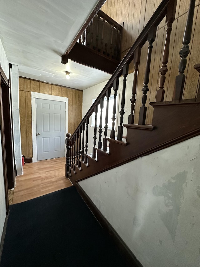 stairway featuring wood-type flooring and wooden walls