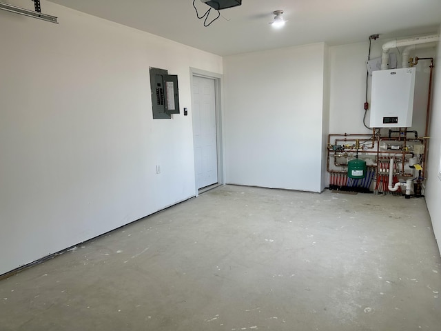 garage with tankless water heater and electric panel