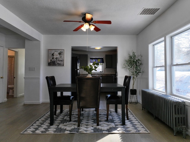 dining room with hardwood / wood-style floors, ceiling fan, a textured ceiling, and radiator