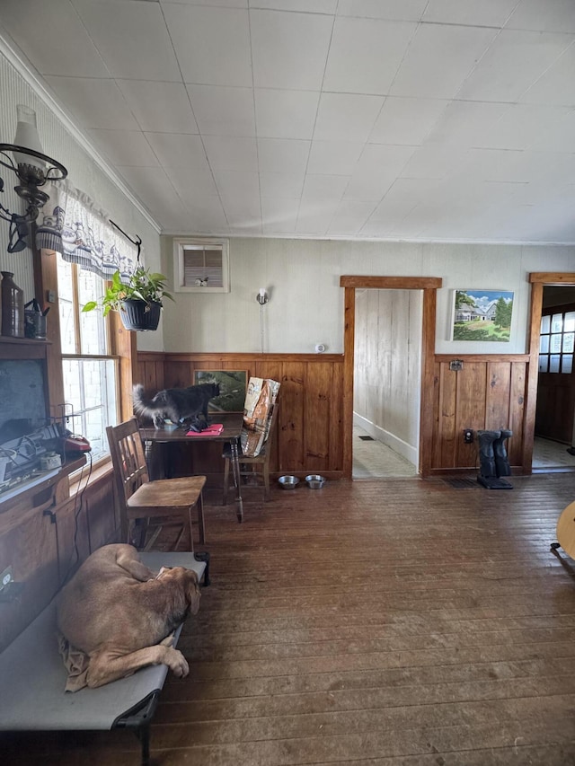 living room with wood-type flooring and wooden walls