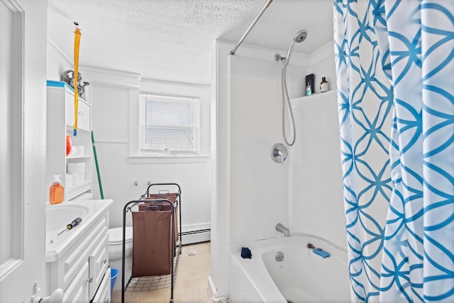 full bathroom with vanity, a baseboard heating unit, toilet, a textured ceiling, and shower / tub combo with curtain