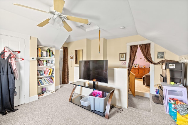 playroom with light carpet, ceiling fan, and lofted ceiling