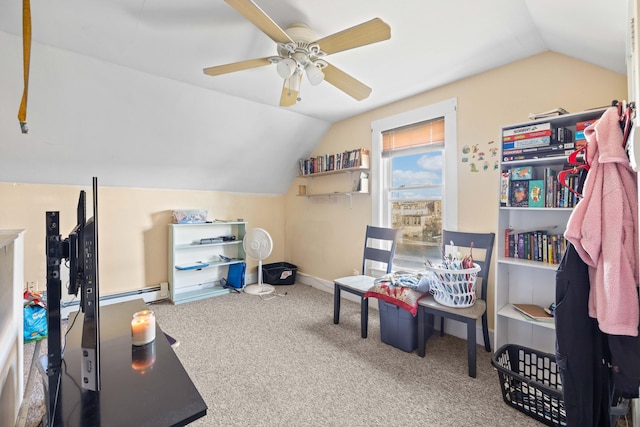 playroom with carpet flooring, ceiling fan, and vaulted ceiling