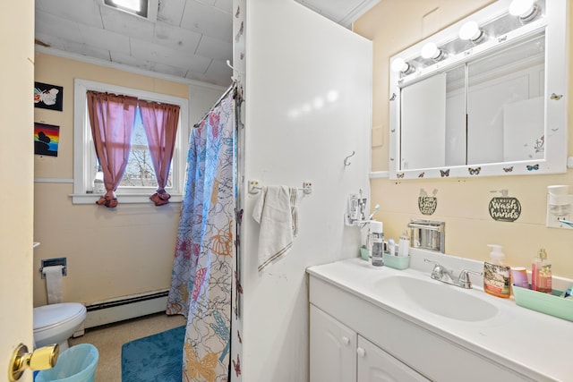 bathroom featuring crown molding, toilet, vanity, and a baseboard heating unit