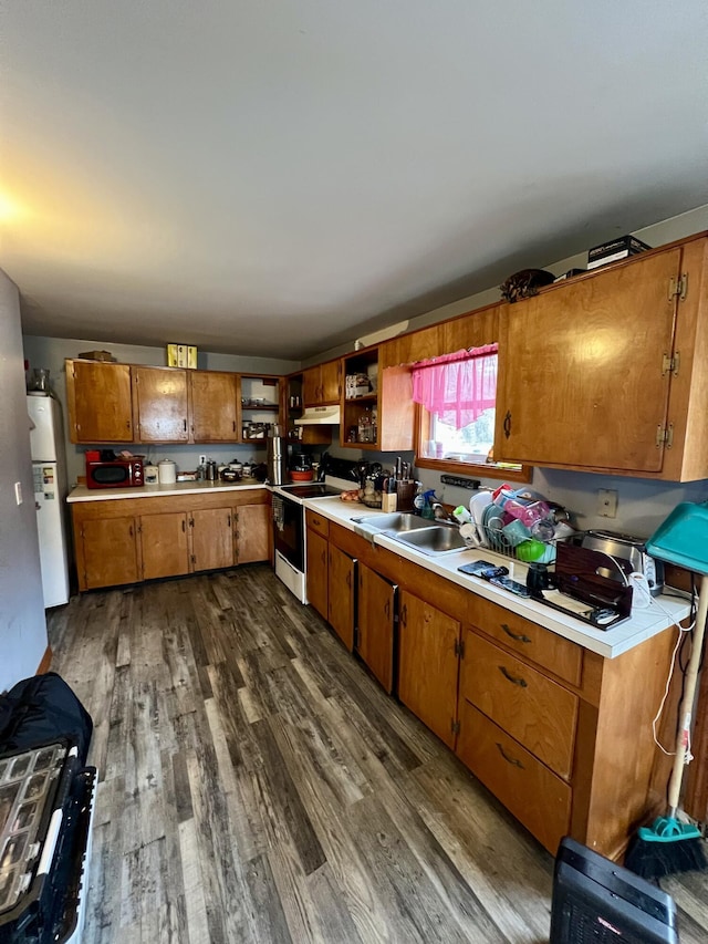 kitchen with dark hardwood / wood-style flooring, water heater, sink, and range