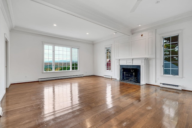 unfurnished living room with a fireplace, hardwood / wood-style floors, baseboard heating, and ceiling fan