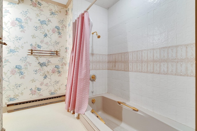 bathroom featuring shower / tub combo with curtain and a baseboard heating unit