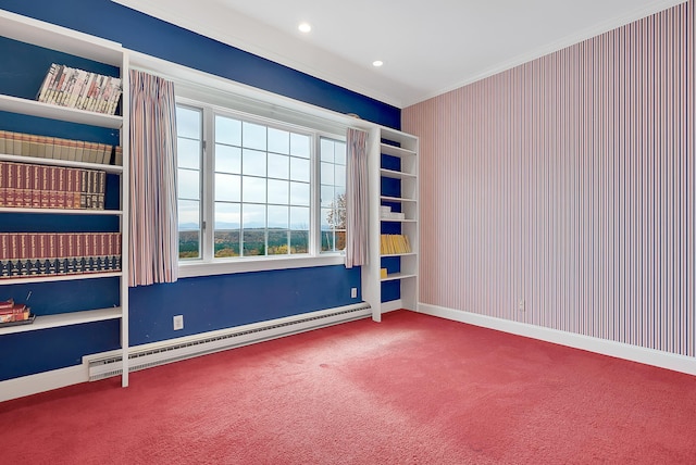 unfurnished room with carpet flooring, ornamental molding, and a baseboard radiator