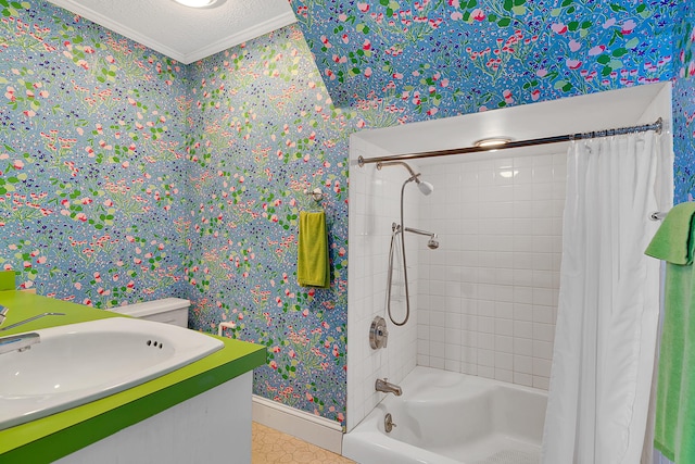 bathroom with vanity, a textured ceiling, crown molding, shower / bathtub combination with curtain, and tile patterned flooring