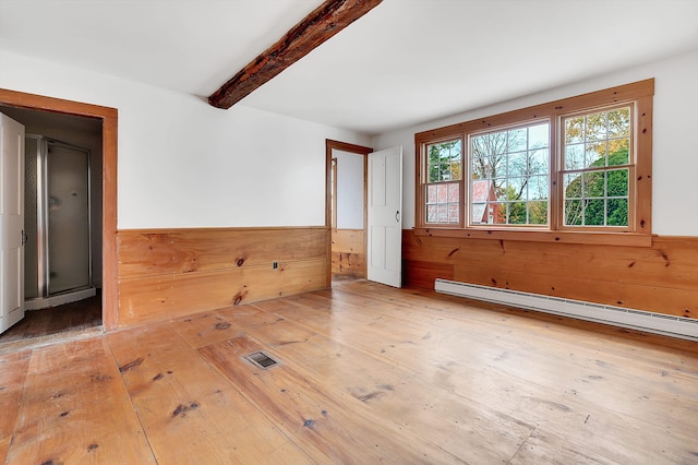 spare room featuring beam ceiling, light wood-type flooring, a baseboard heating unit, and wood walls