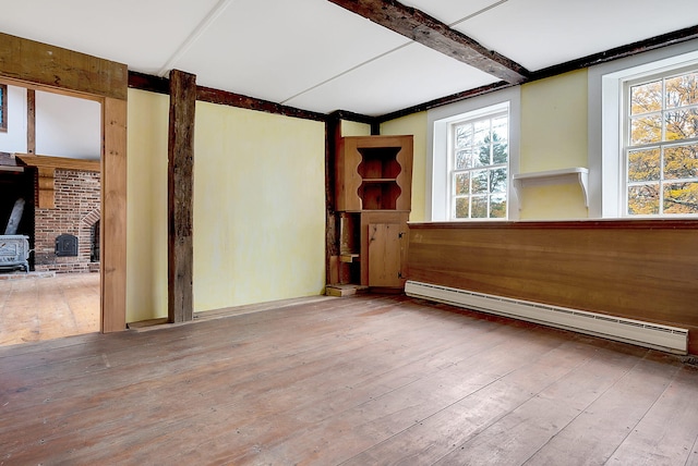 spare room with hardwood / wood-style flooring, beam ceiling, a wood stove, and a baseboard heating unit