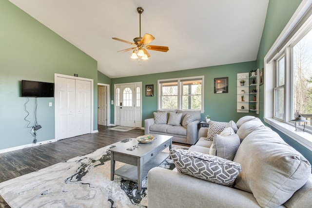 433 Works Rd, Jackson, ME 04921 - living room featuring ceiling fan, dark hardwood / wood-style flooring, and vaulted ceiling