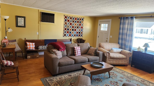 living area featuring a wall unit AC, crown molding, and wood finished floors