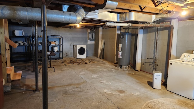 unfinished basement featuring washer / dryer, electric panel, and water heater