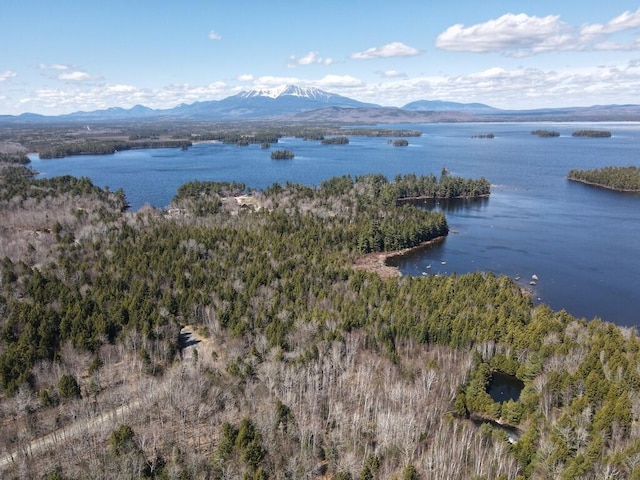 drone / aerial view with a water and mountain view