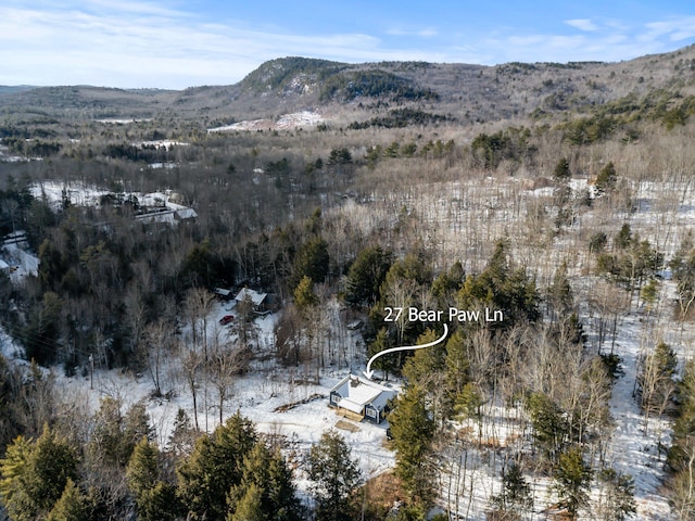 snowy aerial view featuring a mountain view