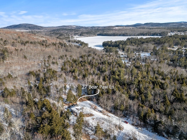 bird's eye view with a water and mountain view