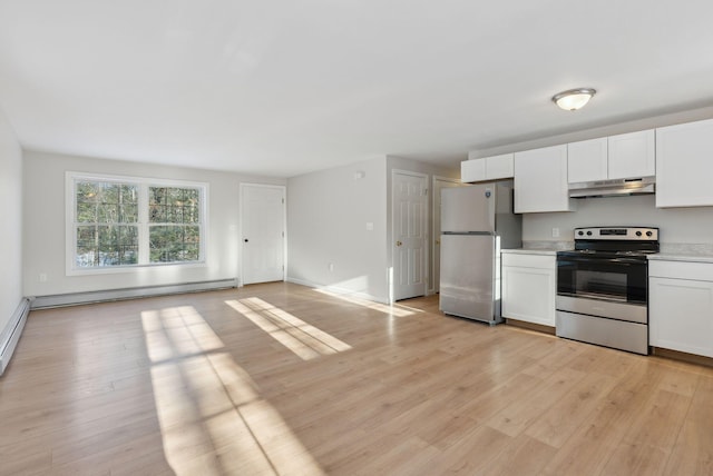 kitchen featuring stainless steel appliances, a baseboard radiator, white cabinets, and light hardwood / wood-style flooring