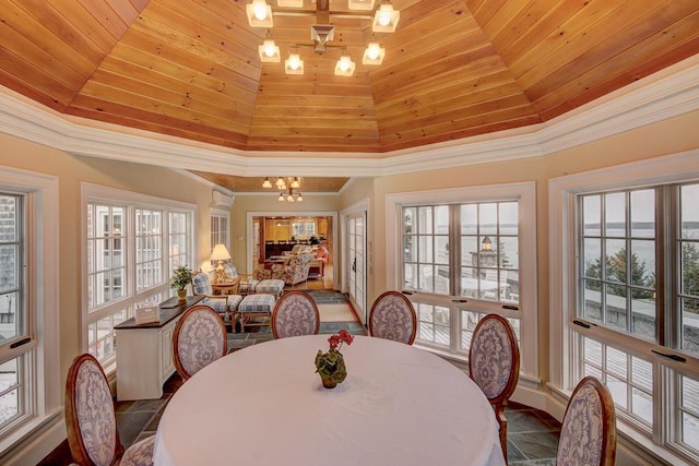 dining area featuring a chandelier, wooden ceiling, lofted ceiling, and ornamental molding