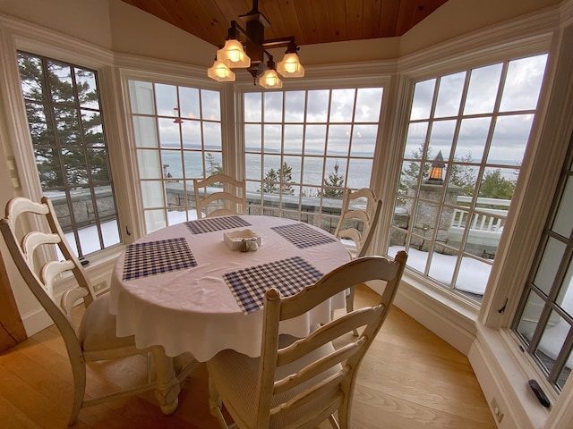 sunroom / solarium featuring vaulted ceiling, a water view, an inviting chandelier, and wooden ceiling