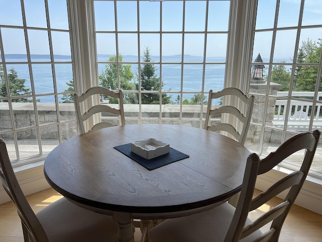 dining area with hardwood / wood-style flooring and a water view